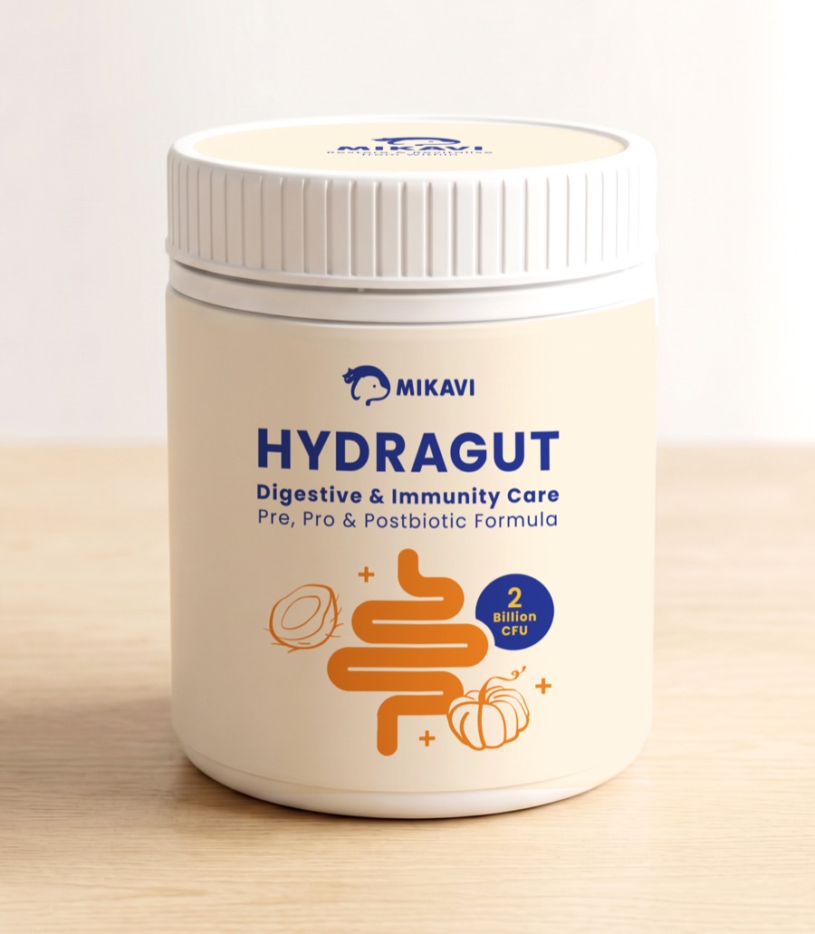 Mikavi HydraGut 240g tub — pre, pro and postbiotic digestive care for dogs and cats